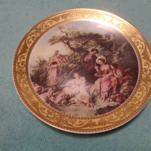 T.LIMOGES VINTAGE ROMANTIC NATURE & PEOPLE DECOR GILT PLATE 1969 - Picture 4 of 4